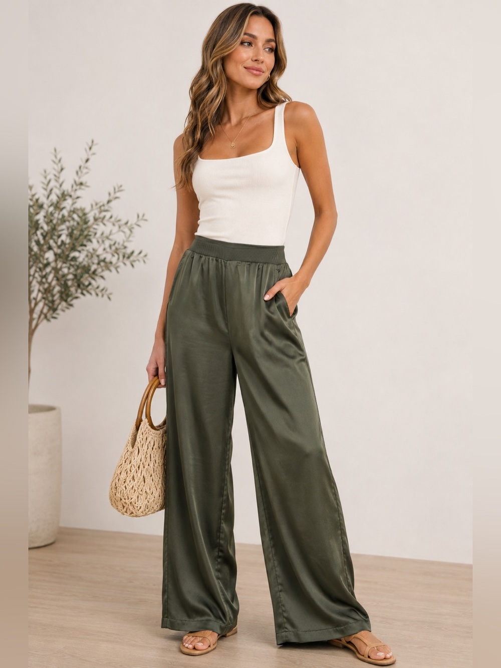 Tahari Olive Green Satin Wide Leg Pants XS Pull-On Elastic Waist